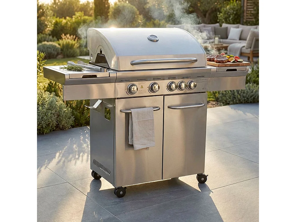 MilaniHome.it - Barbecue A Gas In Acciaio Inox 4 Fuochi + 1 Laterale, Con Piastra E Griglia In Ghisa Per Esterno Giardino Portico Terrazzodi coloreGrigio