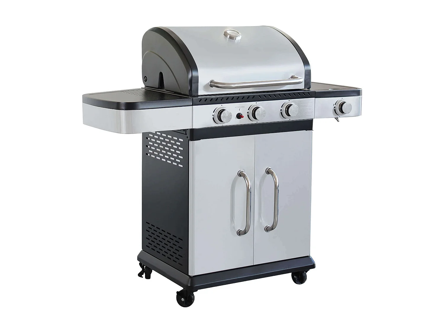 MilaniHome.it - Barbecue A Gas In Acciaio Inox 3 Fuochi + 1 Laterale Per Esterno Giardino, Portico, Terrazzodi coloreGrigio