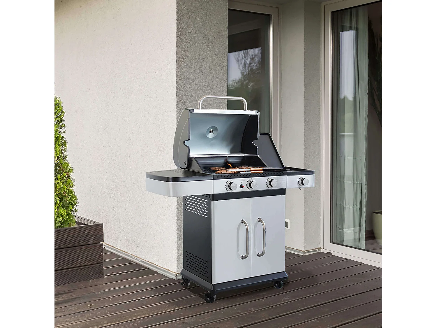 MilaniHome.it - Barbecue A Gas In Acciaio Inox 3 Fuochi + 1 Laterale Per Esterno Giardino, Portico, Terrazzodi coloreGrigio