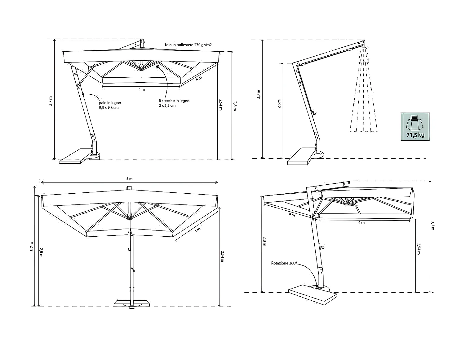 MilaniHome.it - Ombrellone Da Giardino 3x3 Palo Laterale In Legno Per Esterno Ristorante Gelateria Bar Hotel Albergodi coloreMarrone
