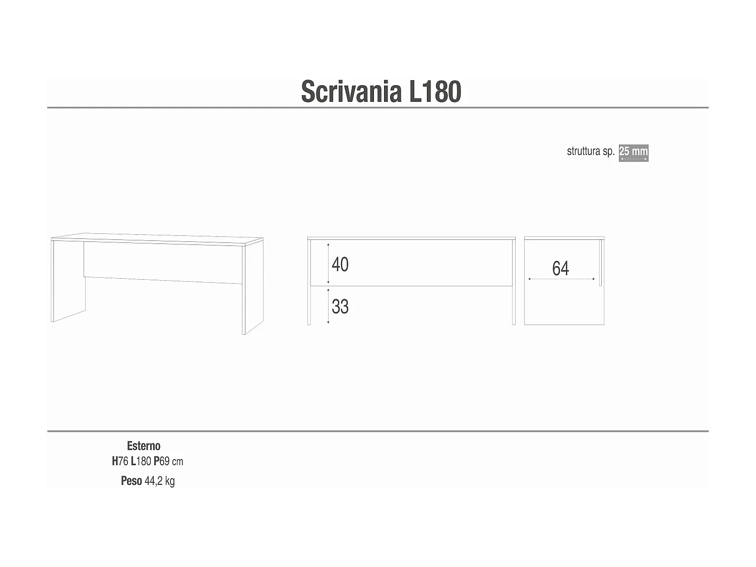 MilaniHome.it - scrivania moderna 180 cm di design moderno cm 180 l x 69 p x 76 hdi coloreRovere Chiaro