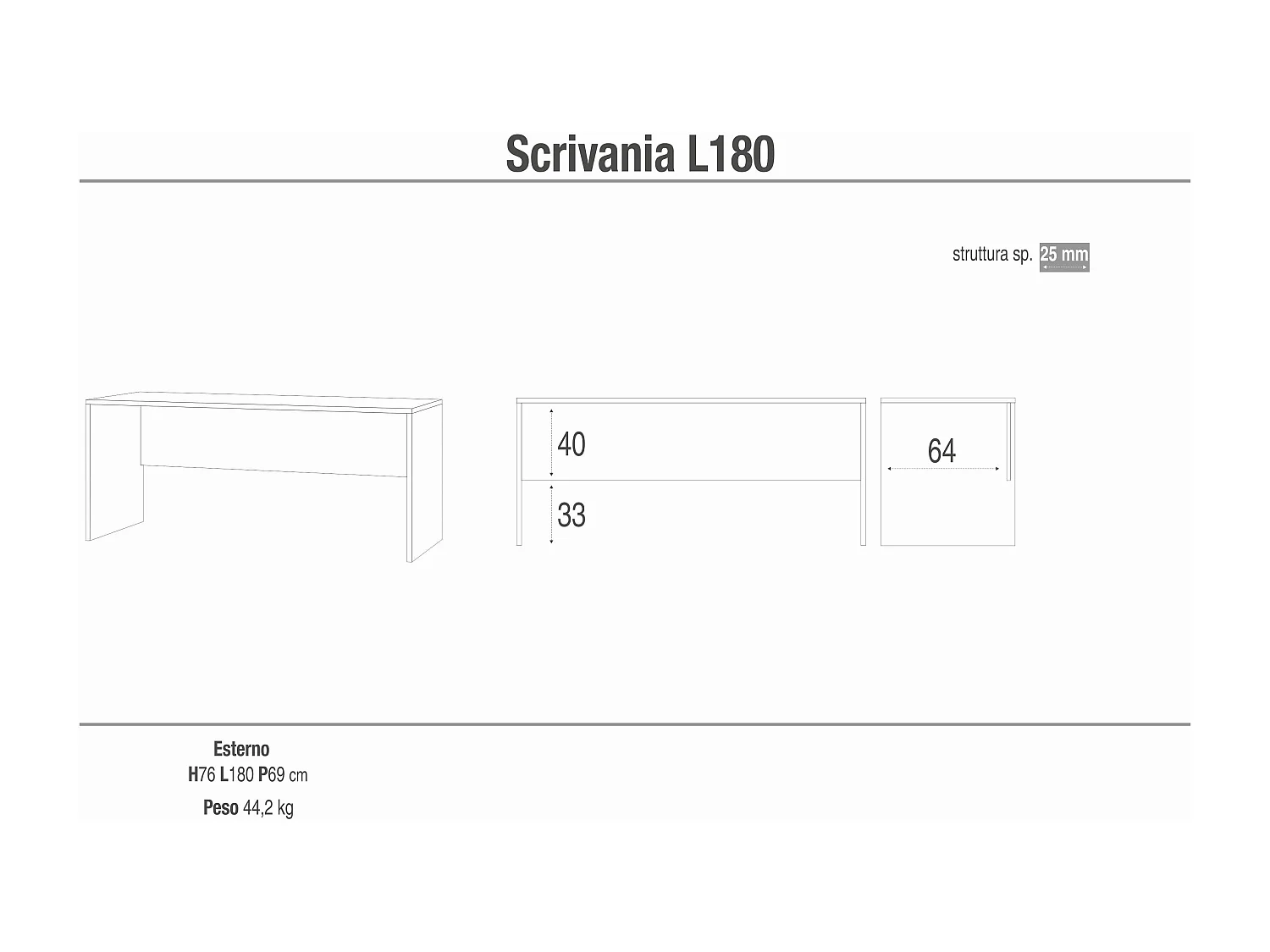 MilaniHome.it - scrivania moderna 180 cm di design moderno cm 180 l x 69 p x 76 hdi coloreRovere Chiaro