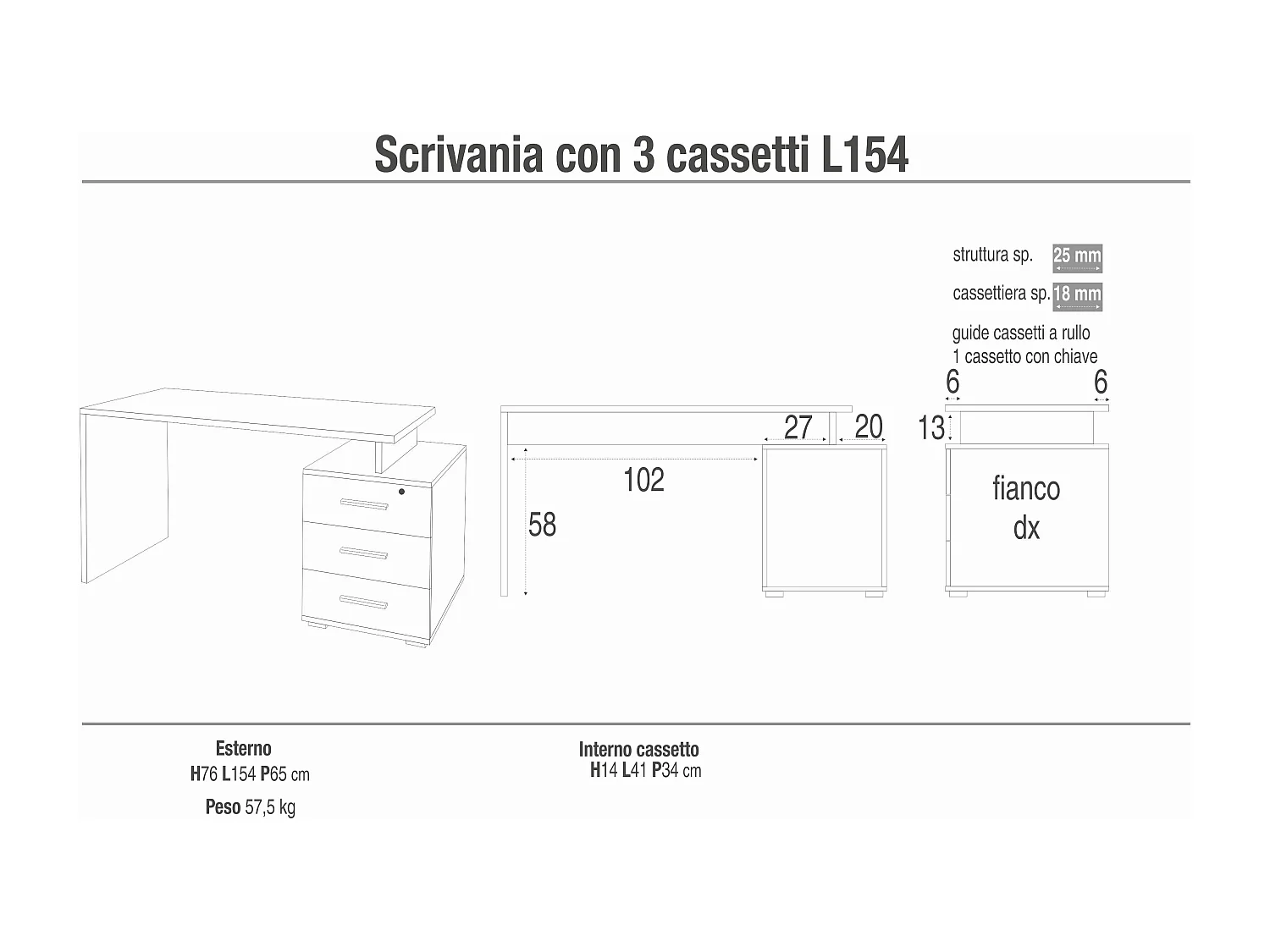 MilaniHome.it - scrivania con cassettiera di design moderno cm 154 l x 55 p x 76 hdi coloreRovere Chiaro