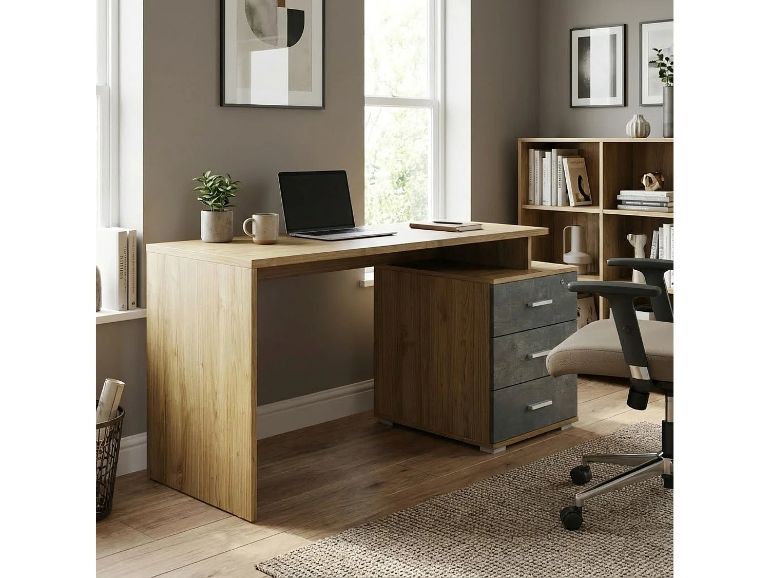 MilaniHome.it - scrivania con cassettiera di design moderno cm 154 l x 55 p x 76 hdi coloreRovere Chiaro