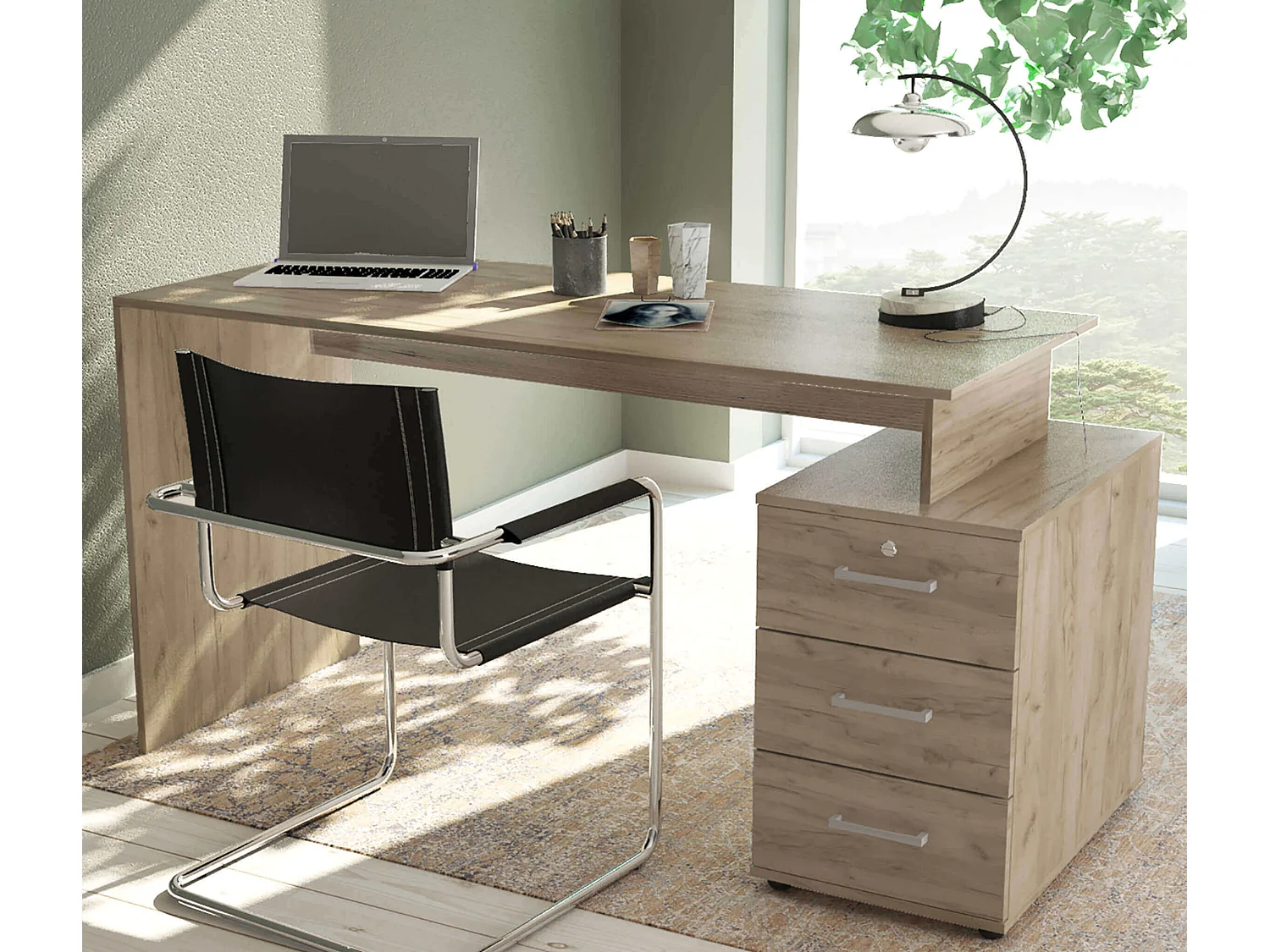 MilaniHome.it - scrivania di design per studio moderna con cassetti 139x60x76 hdi coloreRovere grigio