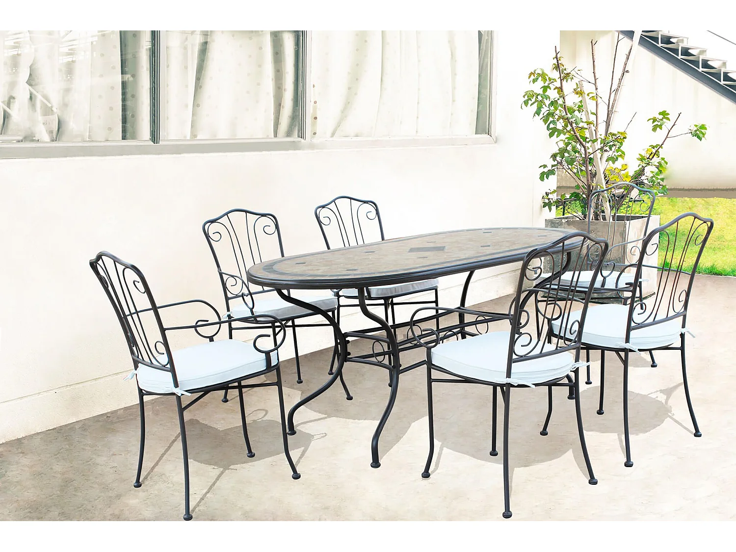 MilaniHome.it - Tavolo Ovale Fisso In Ferro 160x90 Piano In Mosaico Per Esterno Giardino, Portico, Ristorante, Gelateria Bar Hotel Albergodi coloreTaupe