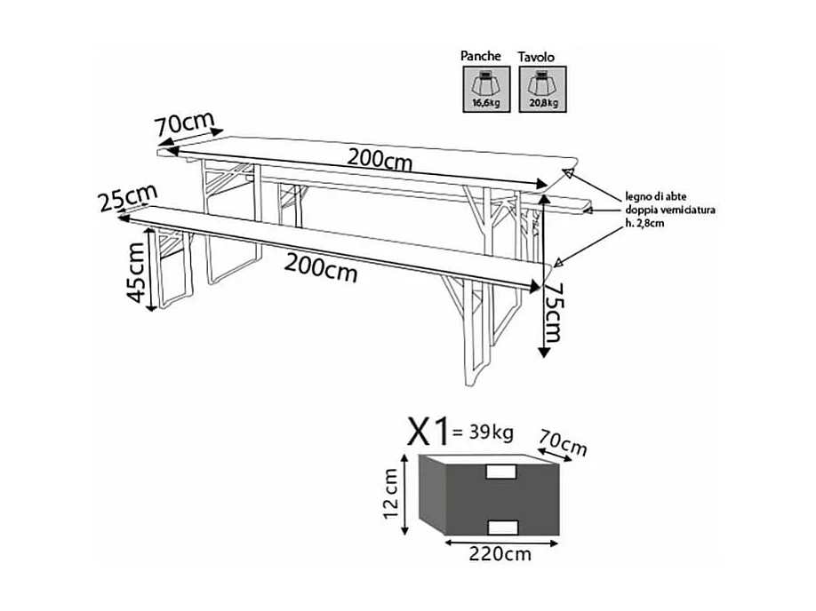 MilaniHome.it - Set Completo Tavolo Birreria 200x70 Con Panche Per Esterno Giardino, Portico, Terrazzo, Campeggio Matrimonio Sagradi coloreMarrone