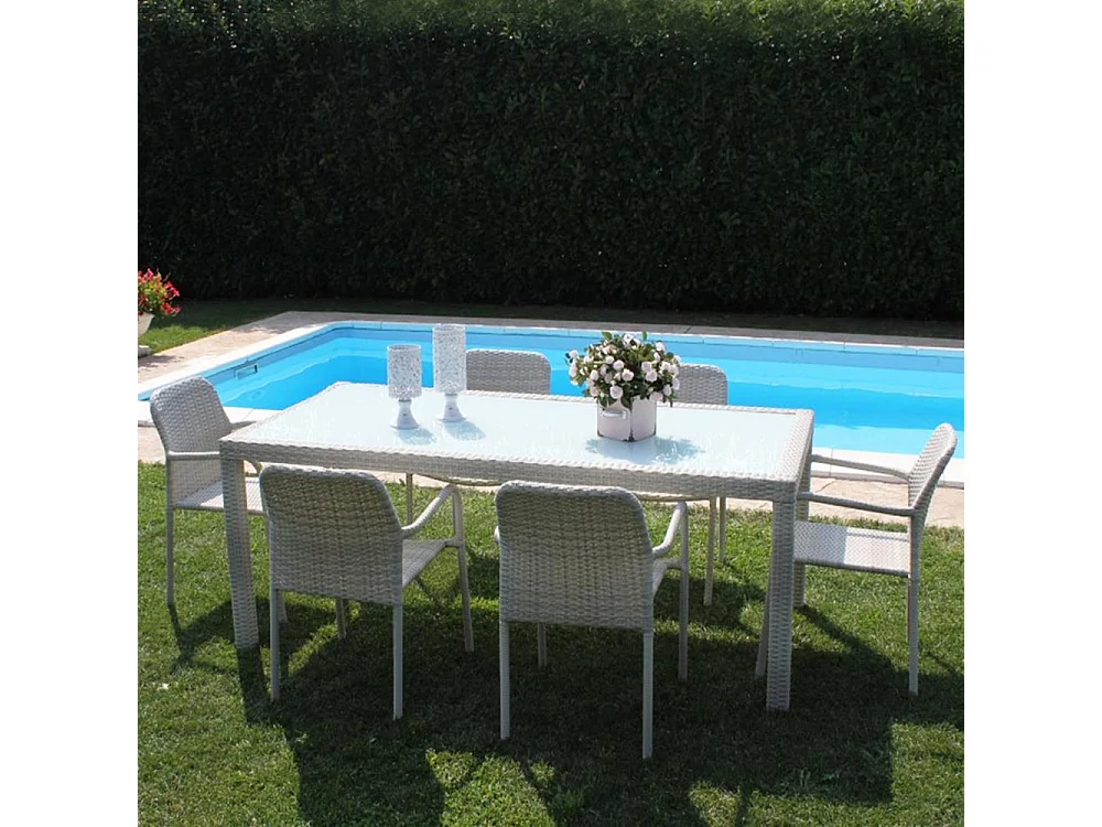 MilaniHome.it - Tavolo Rettangolare Fisso In Wicker Grigio 150x90 Piano In Vetro Intreccio In Rattan Sintetico Da Esterno Giardinodi coloreGrigio