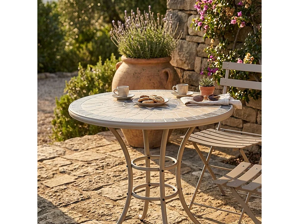 MilaniHome.it - Tavolo Rotondo Fisso In Ferro Diametro 90 Piano In Mosaico Per Esterno Giardino, Portico, Ristorante, Gelateria Bar Hotel Albergodi coloreTortora