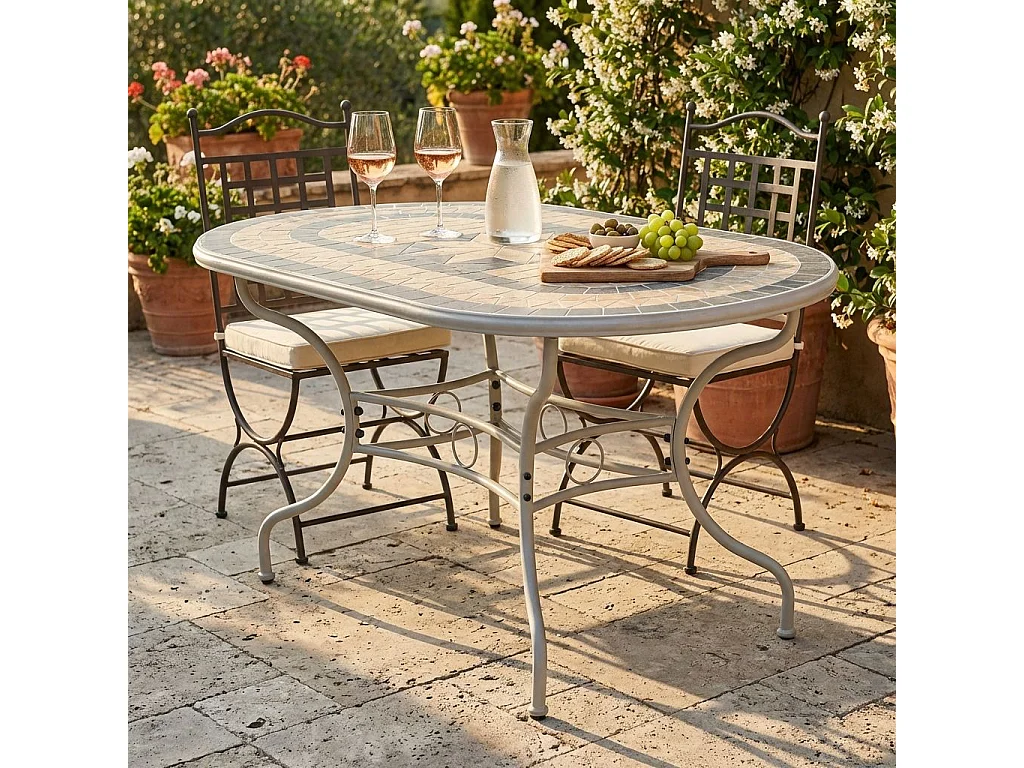 MilaniHome.it - Tavolo Ovale Fisso In Ferro 160x90 Piano In Mosaico Per Esterno Giardino, Portico, Ristorante, Gelateria Bar Hotel Albergodi coloreTortora