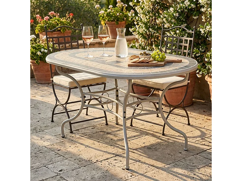 MilaniHome.it - Tavolo Ovale Fisso In Ferro 160x90 Piano In Mosaico Per Esterno Giardino, Portico, Ristorante, Gelateria Bar Hotel Albergodi coloreTortora