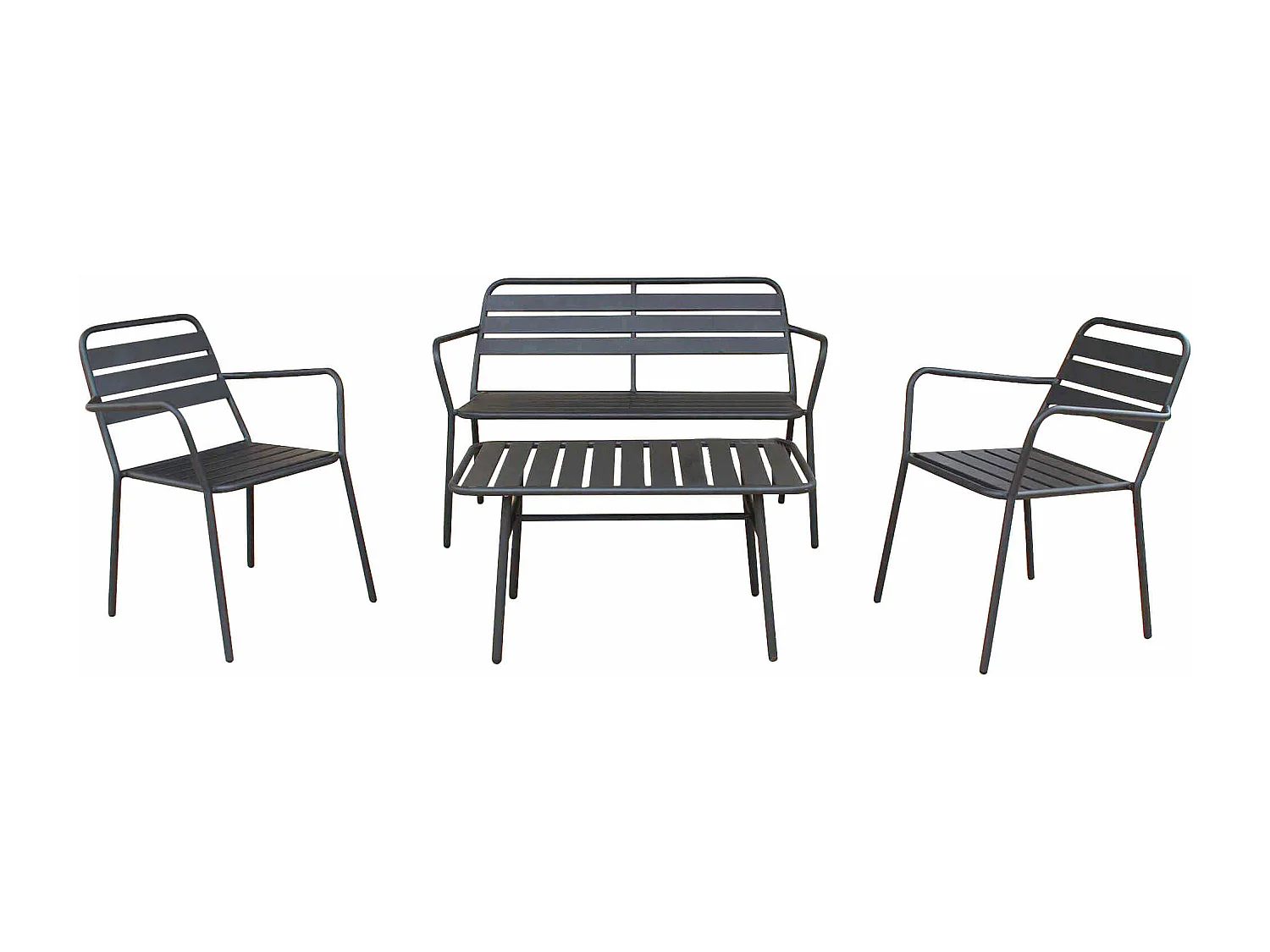 MilaniHome.it - Salotto da esterno giardino con due poltrone divano e tavolino in metallo nero, D.123x64x80/P.58x64x80/T.90x45x50di coloreGrigio