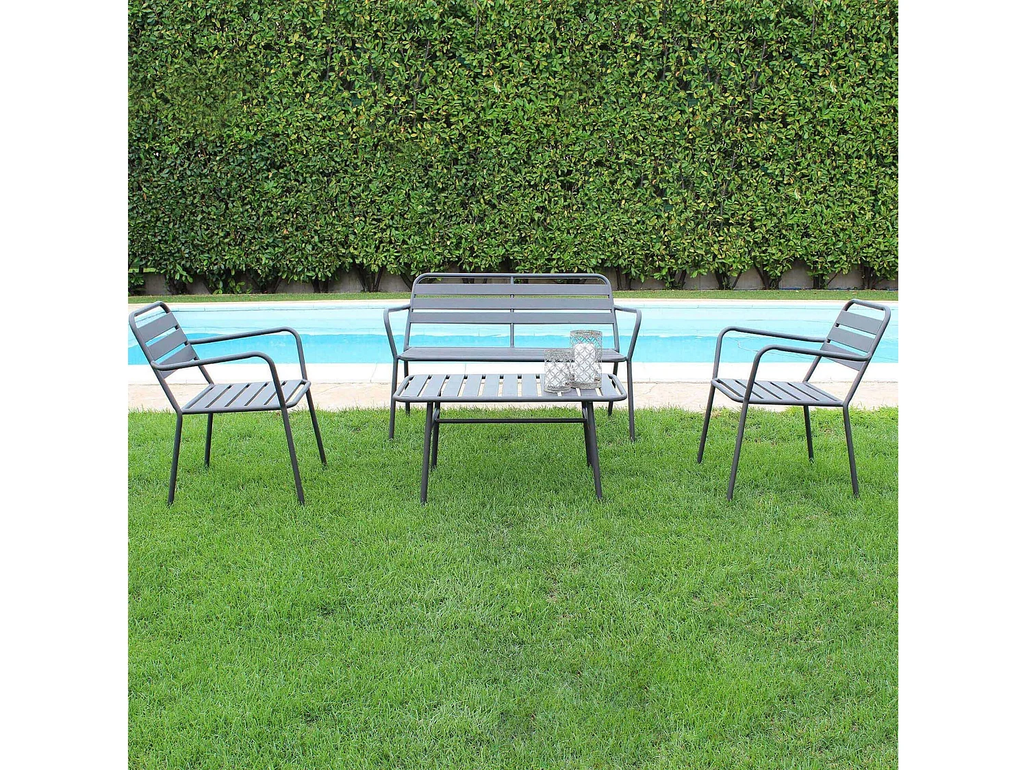 MilaniHome.it - Salotto da esterno giardino con due poltrone divano e tavolino in metallo nero, D.123x64x80/P.58x64x80/T.90x45x50di coloreGrigio