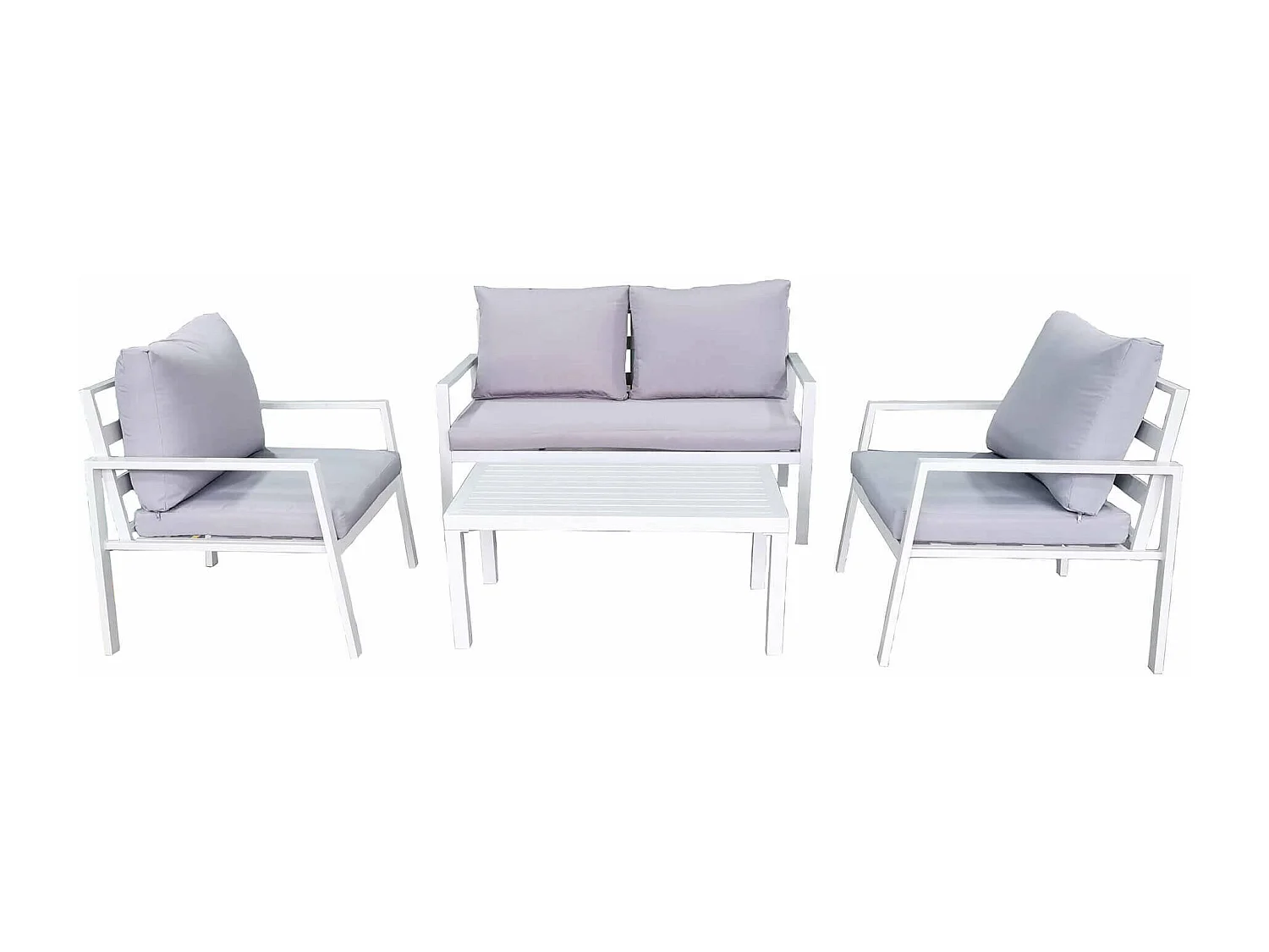 MilaniHome.it - Salotto da Giardino in Alluminio con Cuscini in Poliestere e Tavolino Rettangolare in Color Biancodi coloreBianco