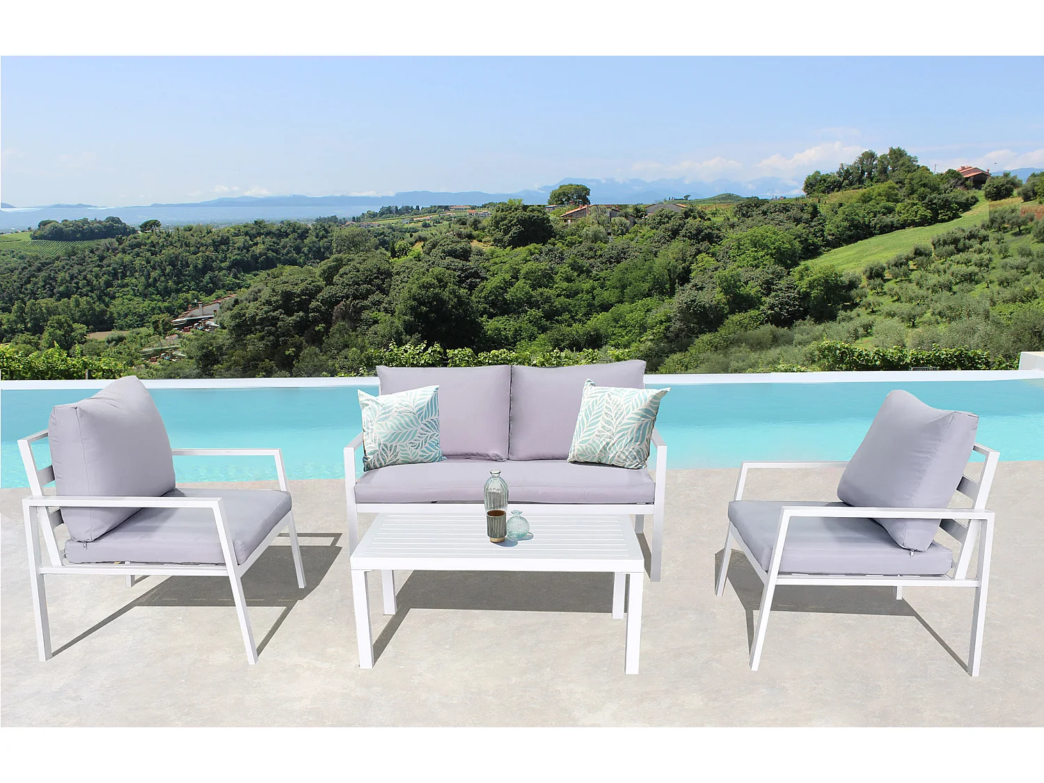 MilaniHome.it - Salotto da Giardino in Alluminio con Cuscini in Poliestere e Tavolino Rettangolare in Color Biancodi coloreBianco