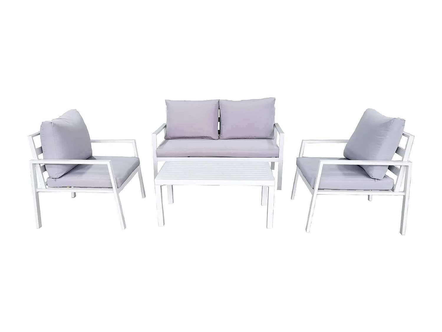 MilaniHome.it - Salotto da Giardino in Alluminio con Cuscini in Poliestere e Tavolino Rettangolare in Color Biancodi coloreBianco