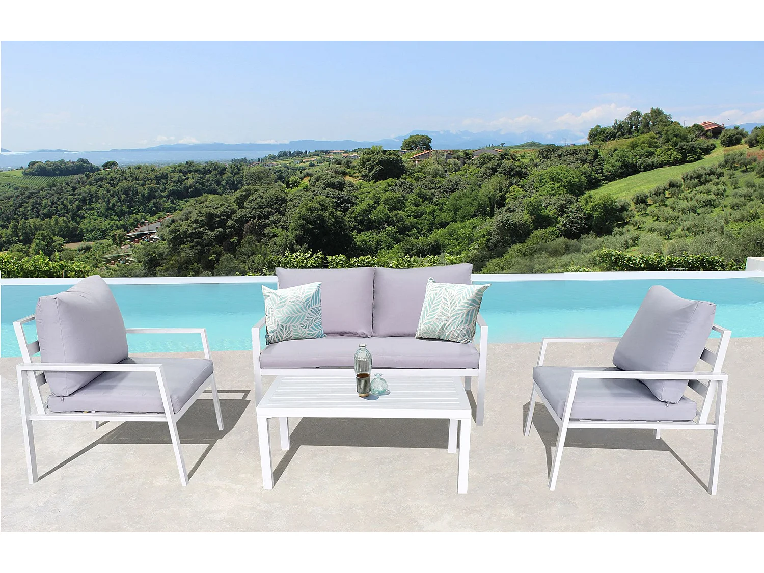 MilaniHome.it - Salotto da Giardino in Alluminio con Cuscini in Poliestere e Tavolino Rettangolare in Color Biancodi coloreBianco