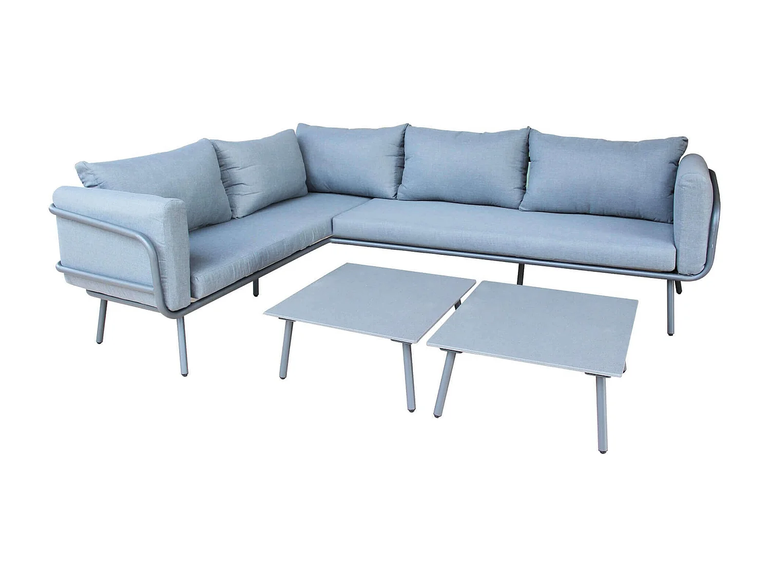 MilaniHome.it - Salotto con divano angolare ad angolo per giardino portico esterno con 2 tavolini, D.197x73x70/D.196x73x70/T.65x65x31 Colore Grigiodi coloreGrigio