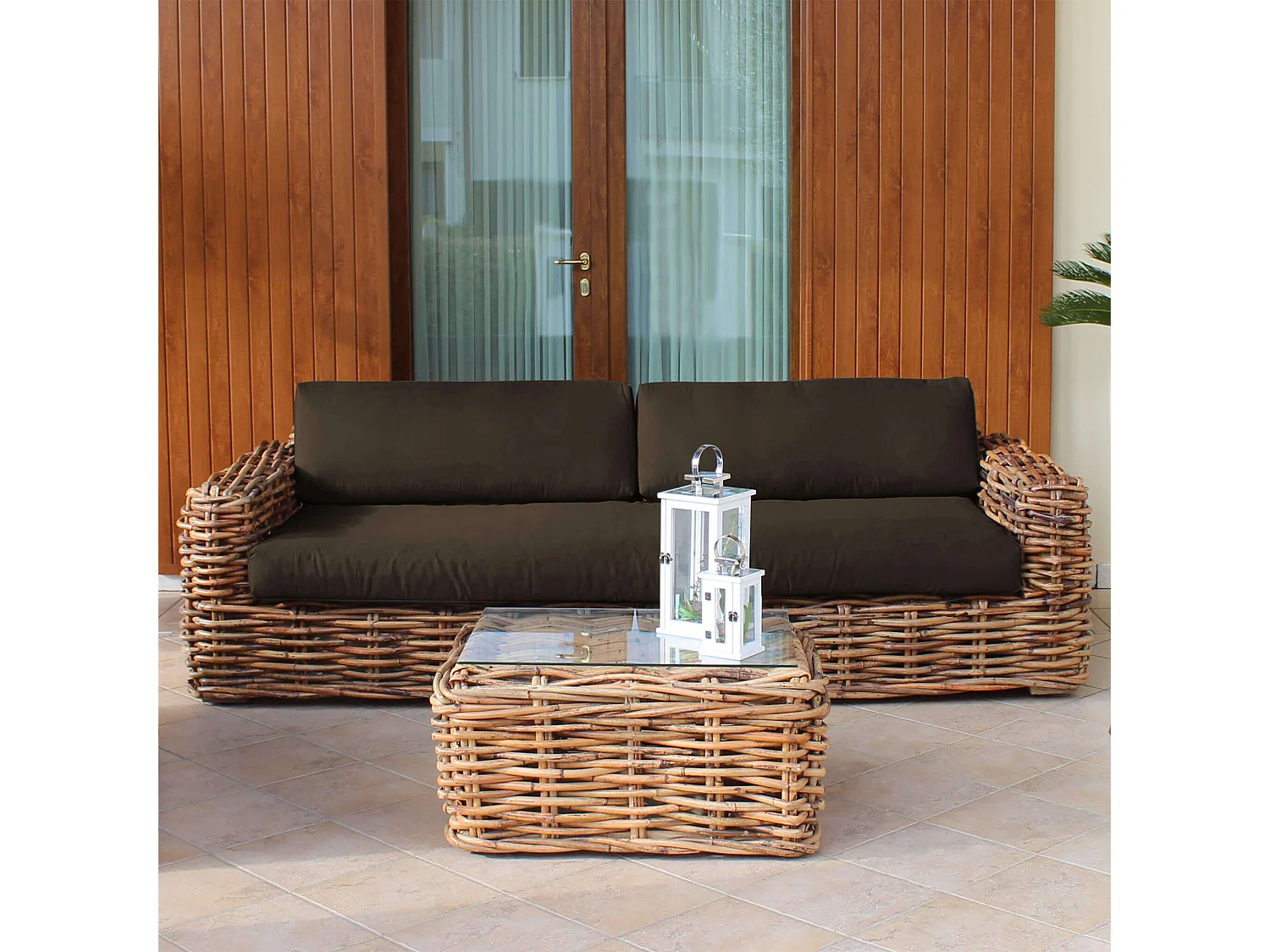 MilaniHome.it - Divano Da Giardino Componibile 3 Posti Completo Di Cuscino Intreccio In Rattan Naturaledi coloreMarrone