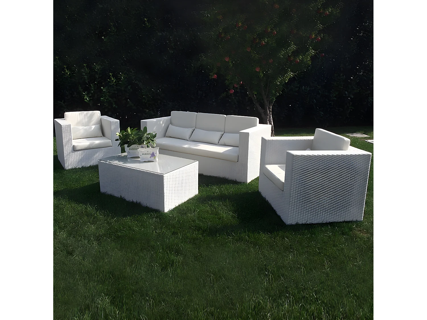 MilaniHome.it - Salotto Da Giardino Set 3 Posti Bianco Con Cuscini Bianchi Intreccio In Rattan Sintetico Per Esternodi coloreBianco