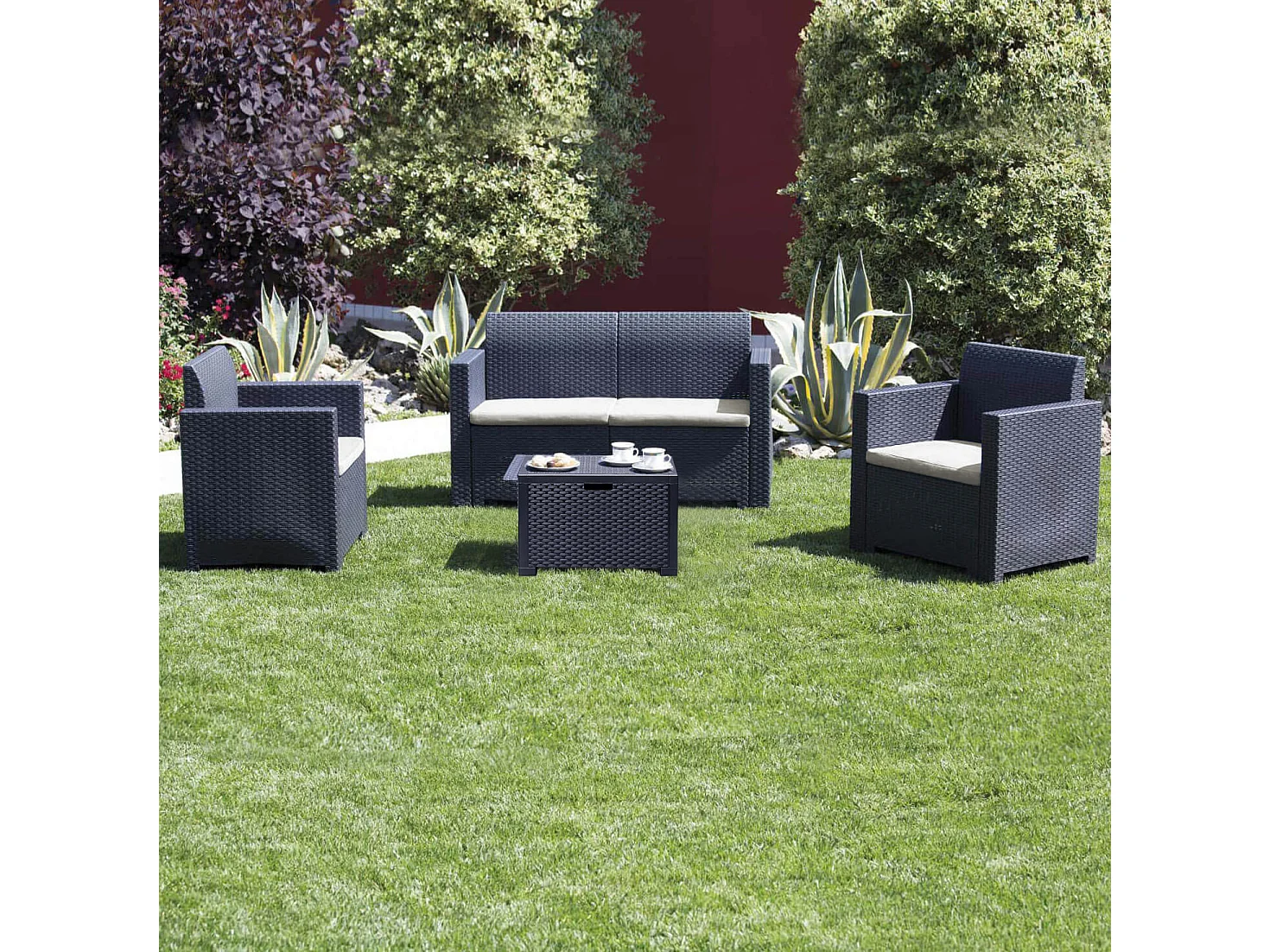 MilaniHome.it - Salotto Da Giardino Set 2 Posti Nero Con Cuscini Grigi Intreccio In Rattan Sintetico Per Esterno Giardinodi coloreNero