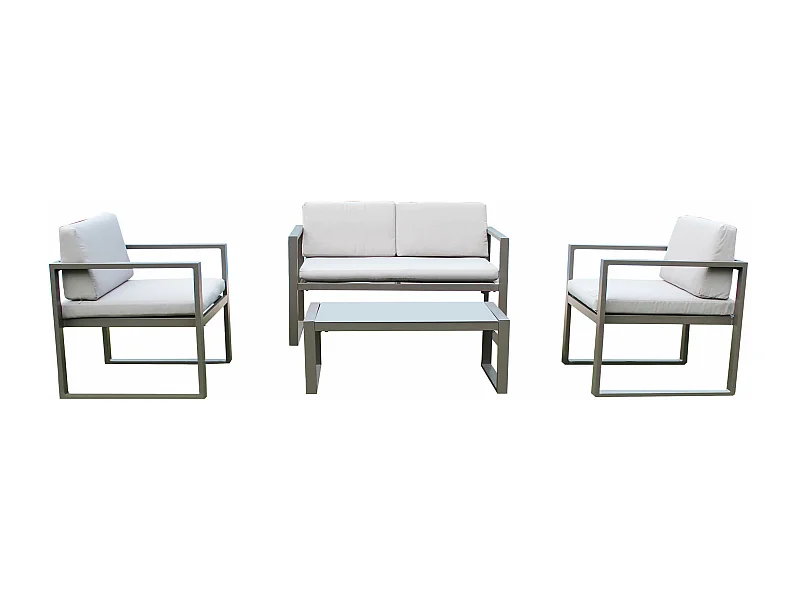 MilaniHome.it - Salotto da esterno per portico e giardino con cuscini in alluminio color talpa, D.120x66x63/P.65x66x63/T.92x51,5x35di coloreTaupe