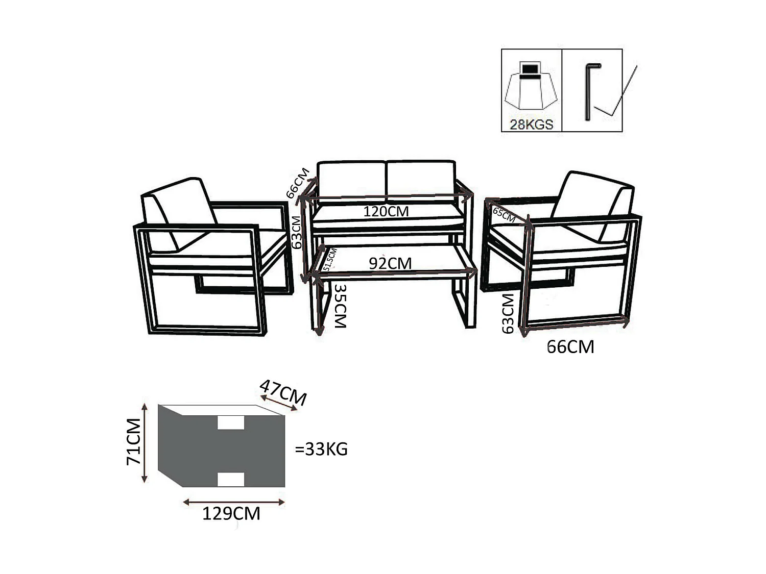 MilaniHome.it - Salotto da esterno per portico e giardino con cuscini in alluminio color talpa, D.120x66x63/P.65x66x63/T.92x51,5x35di coloreTaupe