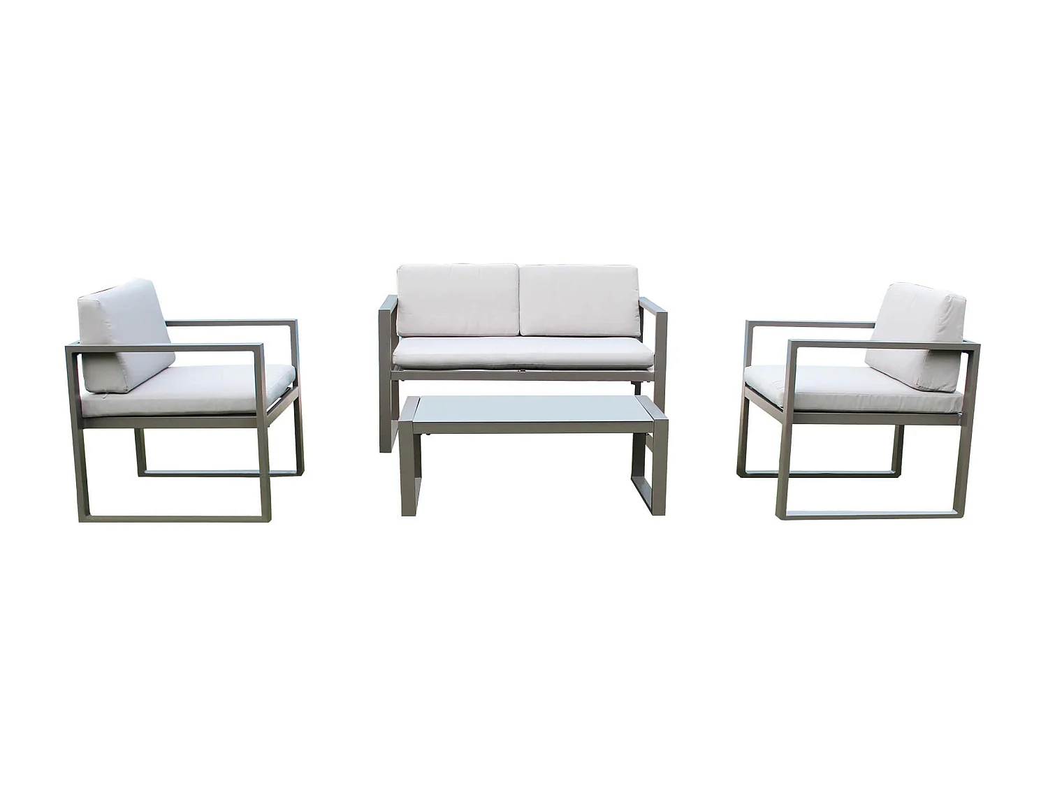 MilaniHome.it - Salotto da esterno per portico e giardino con cuscini in alluminio color talpa, D.120x66x63/P.65x66x63/T.92x51,5x35di coloreTaupe