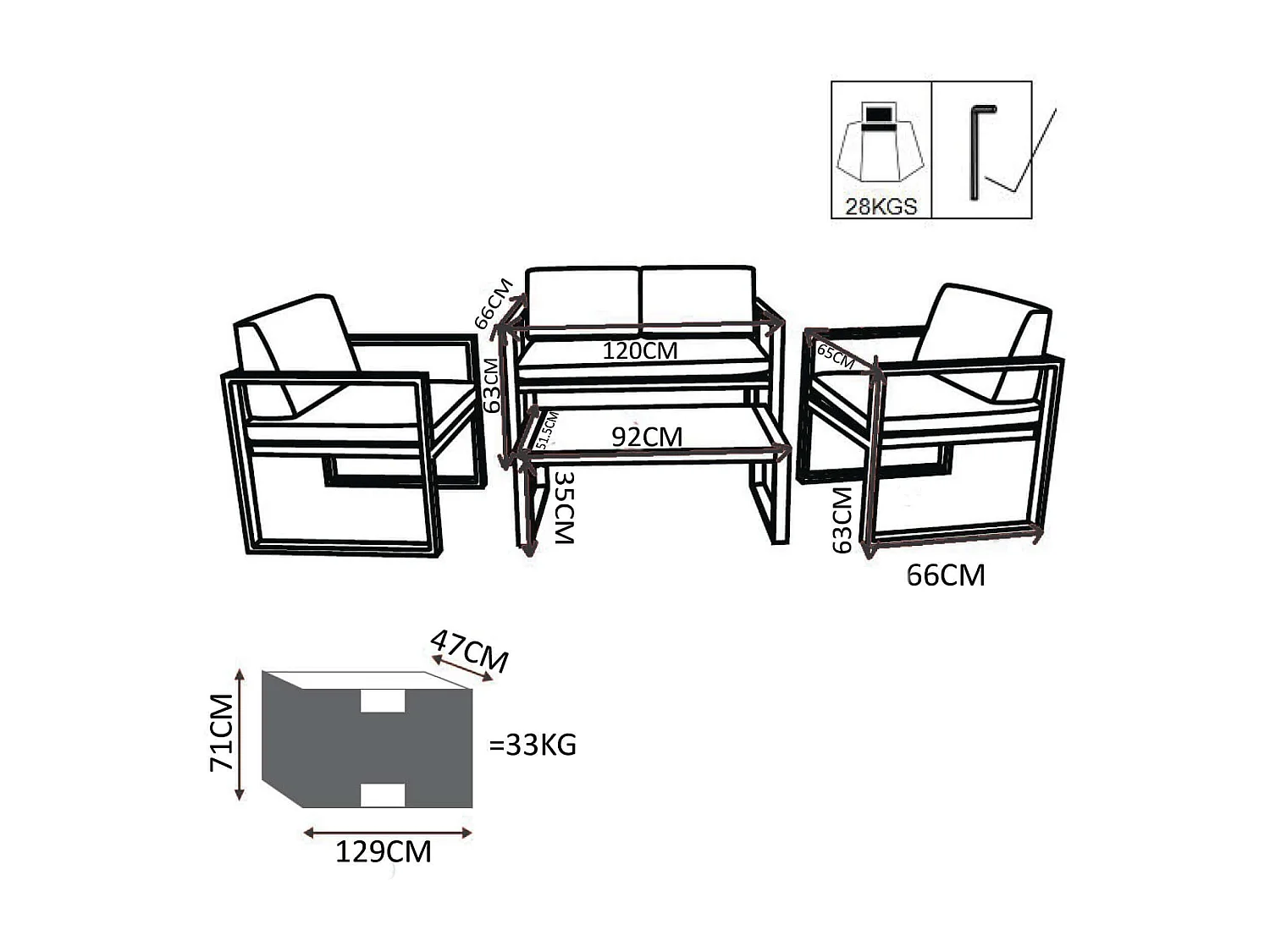 MilaniHome.it - Salotto da esterno per portico e giardino con cuscini in alluminio color talpa, D.120x66x63/P.65x66x63/T.92x51,5x35di coloreTaupe