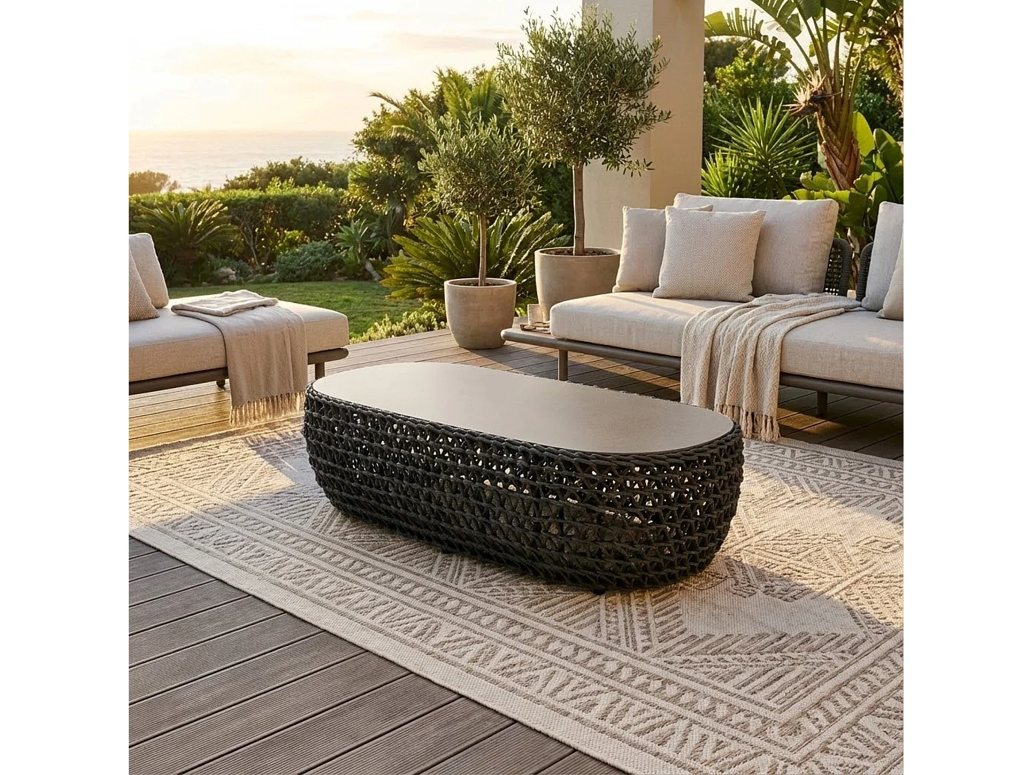 MilaniHome.it - tavolino da esterno in alluminio e corda di design per esterno giardino cm 124 l x 85 p x 33 hdi coloreGrigio