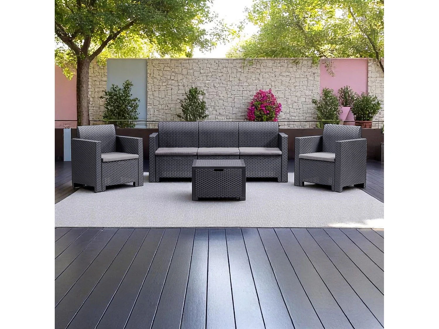 MilaniHome.it - Salotto Da Giardino Set 3 Posti Nero Con Cuscini, Intreccio In Rattan Sintetico Per Esterno Giardinodi coloreNero