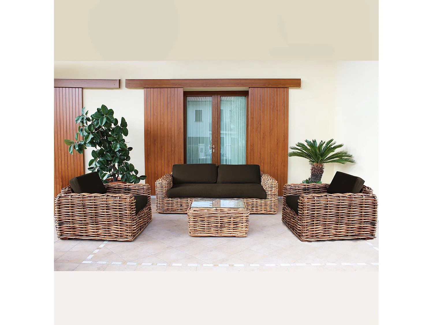 MilaniHome.it - Salotto Da Giardino Completo Di Cuscini Intreccio In Rattan Naturaledi coloreMarrone