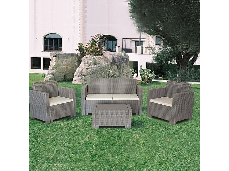 Milani Home - salotto da giardino 2 posti in wicker tortora con cuscini, set lounge con poltrone e tavolino per terrazzo, portico e veranda