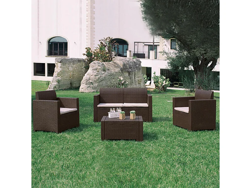 MilaniHome.it - Salotto Da Giardino Set 2 Posti Marrone Con Cuscini Beige Intreccio In Rattan Sintetico Per Esterno Giardinodi coloreMarrone