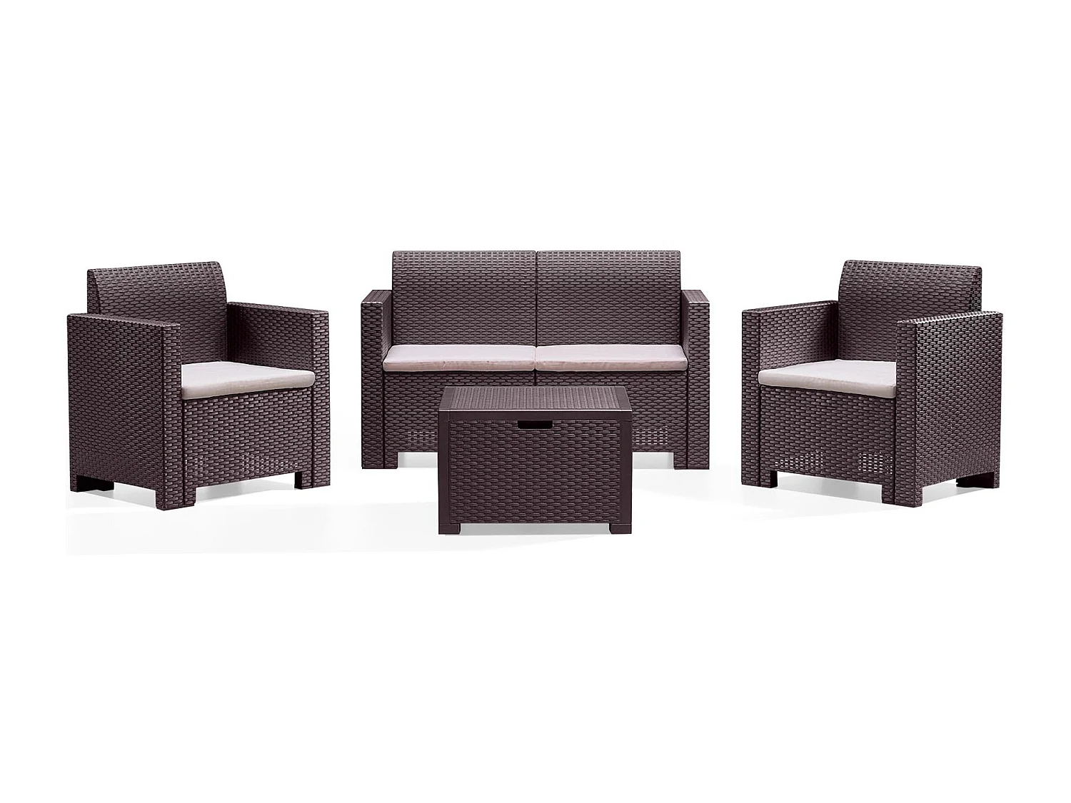 Milani Home - salotto da giardino 2 posti in wicker marrone con cuscini beige, set lounge con 2 poltrone, divano e tavolino per terrazzo e portico