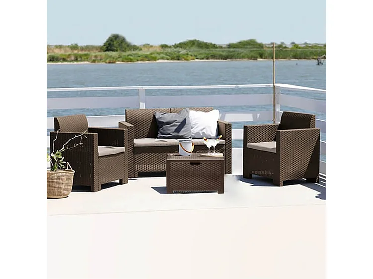 Milani Home - salotto da giardino 2 posti in wicker marrone con cuscini beige, set lounge con 2 poltrone, divano e tavolino per terrazzo e portico