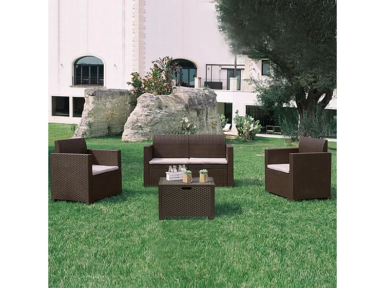 Milani Home - salotto da giardino 2 posti in wicker marrone con cuscini beige, set lounge con 2 poltrone, divano e tavolino per terrazzo e portico
