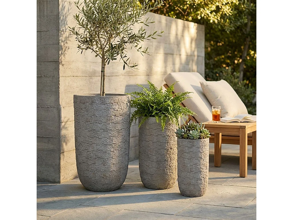 Milani Home - set 3 vasi alti in fibra sintetica grigio, altezza max 78 cm, per interno esterno e terrazzo