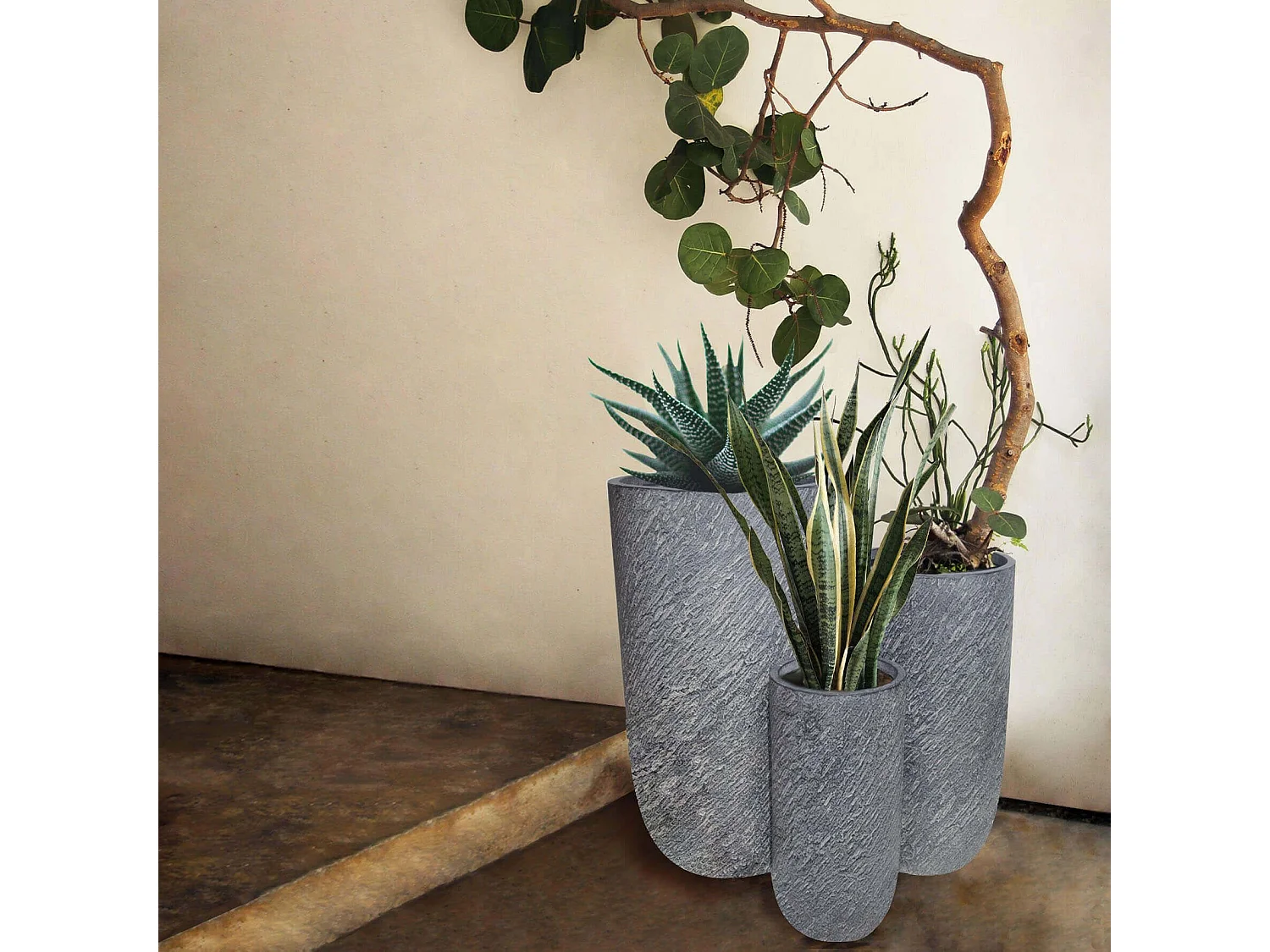 MilaniHome.it - Set Di 3 Vasi Per Piante Da Esterno Interno Di Design Con 3 Dimensioni In Fibra Sintetica Resistentedi coloreGrigio