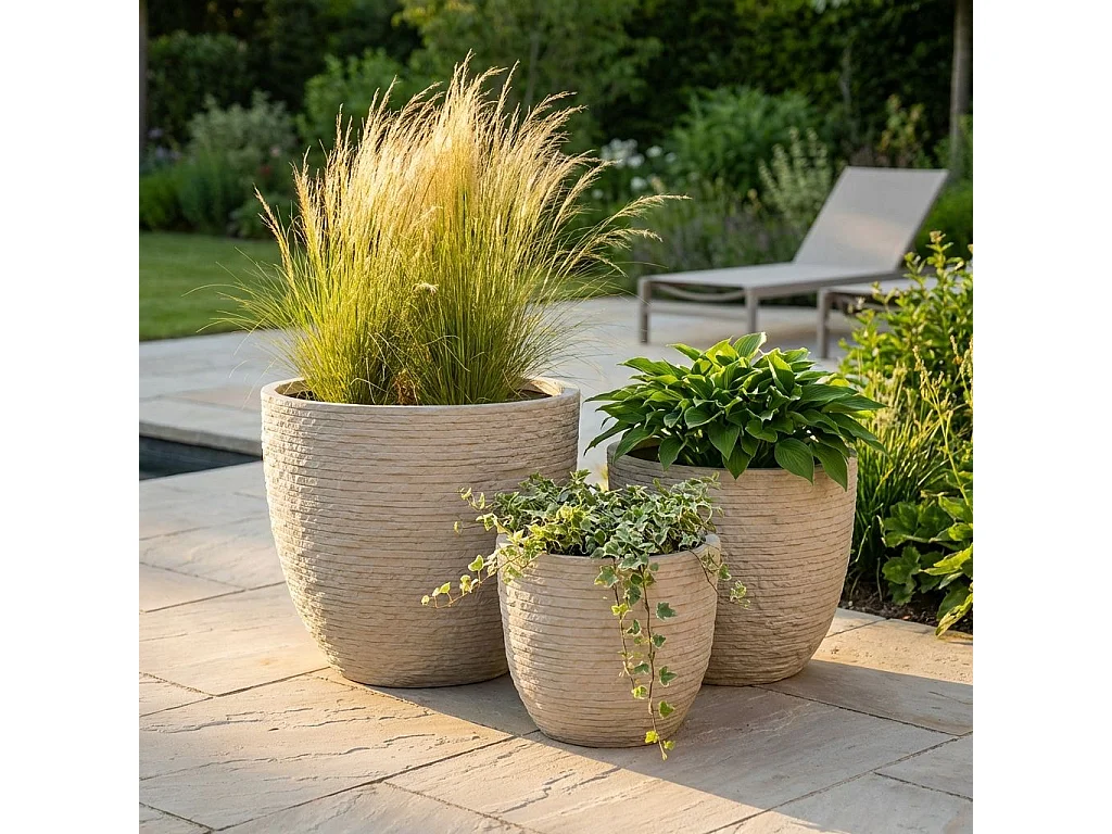 Milani Home - Set Di 3 Vasi Beige Per Esterno Giardino, Portico, Ristorante, Gelateria Bar Hotel Albergo Piscina - Beige