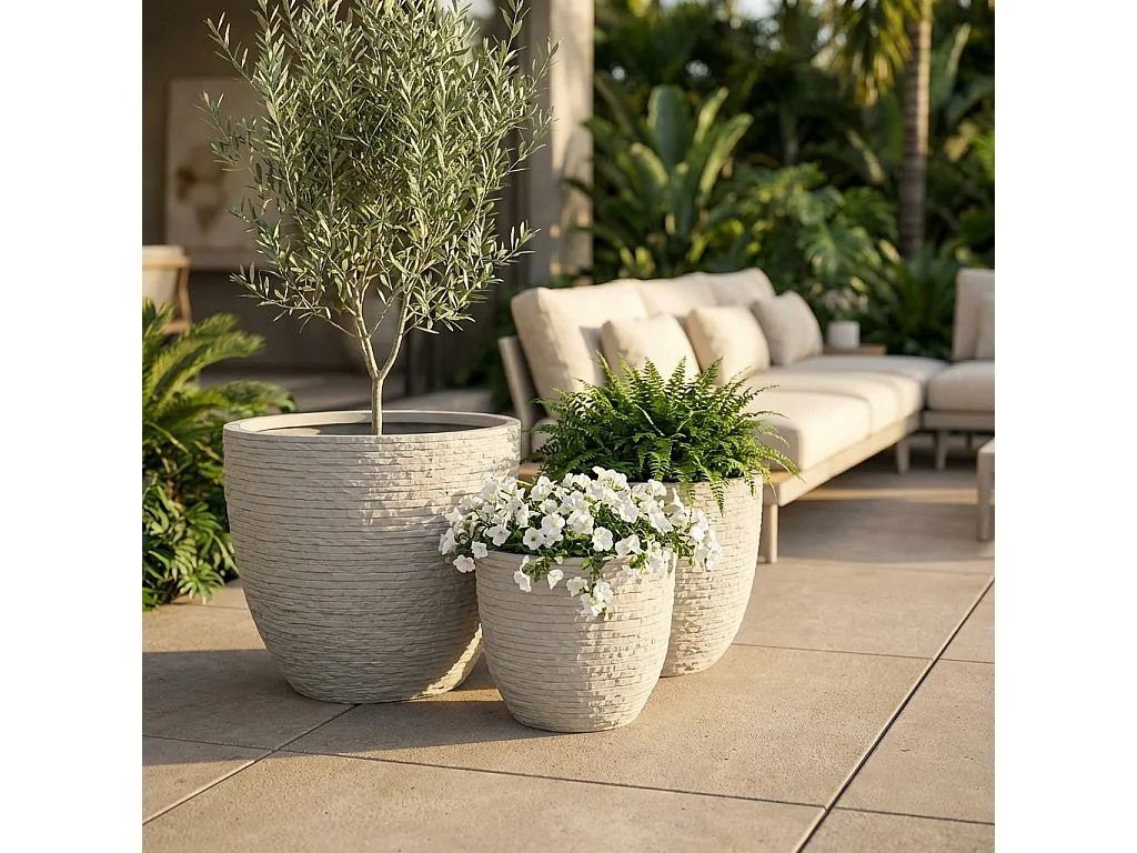 Milani Home - Set Di 3 Vasi Beige Per Esterno Giardino, Portico, Ristorante, Gelateria Bar Hotel Albergo Piscina - Beige