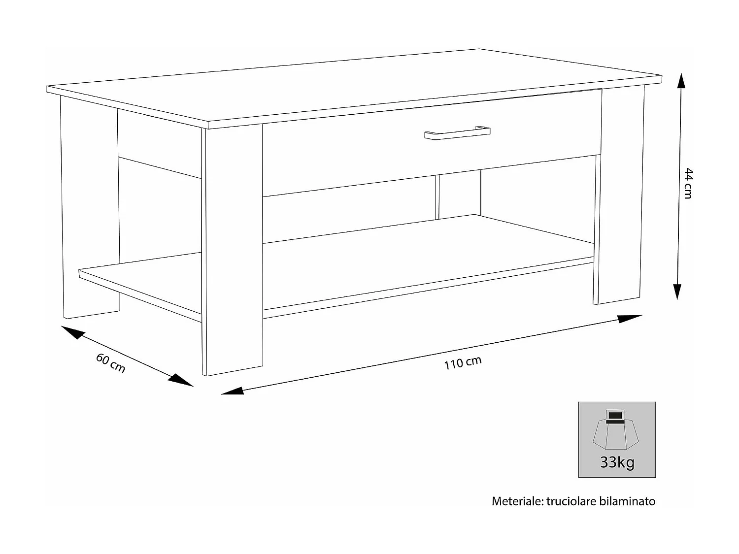 MilaniHome.it - tavolino da salotto moderno cm 110x60x44 hdi coloreBianco