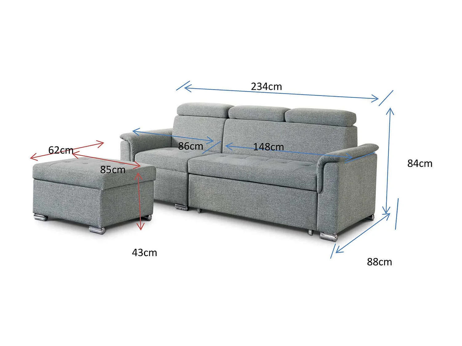 MilaniHome.it - divano letto con penisola ergonomico con poggiatesta regolabile e supporto lombare penisola contenitoredi coloreGrigio chiaro