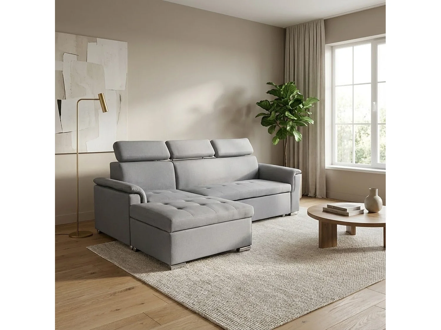 MilaniHome.it - divano letto con penisola ergonomico con poggiatesta regolabile e supporto lombare penisola contenitoredi coloreGrigio chiaro