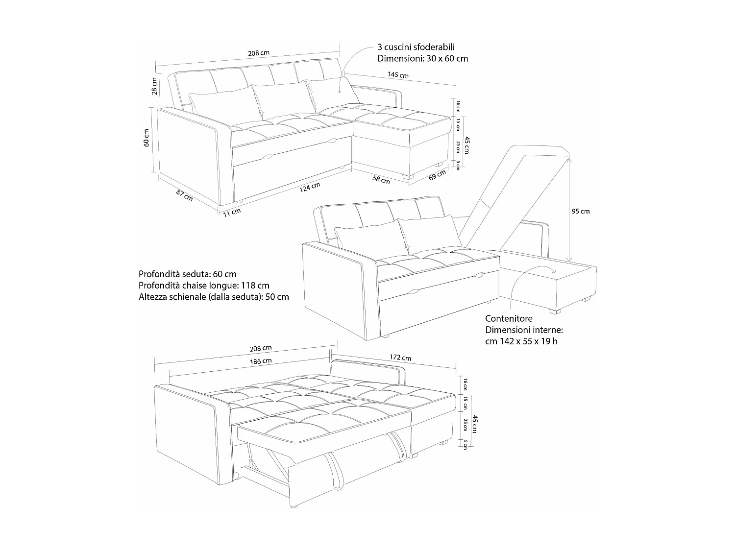 MilaniHome.it - divano letto con penisola per salotto soggiorno in tessuto tortora modernodi coloreTortora