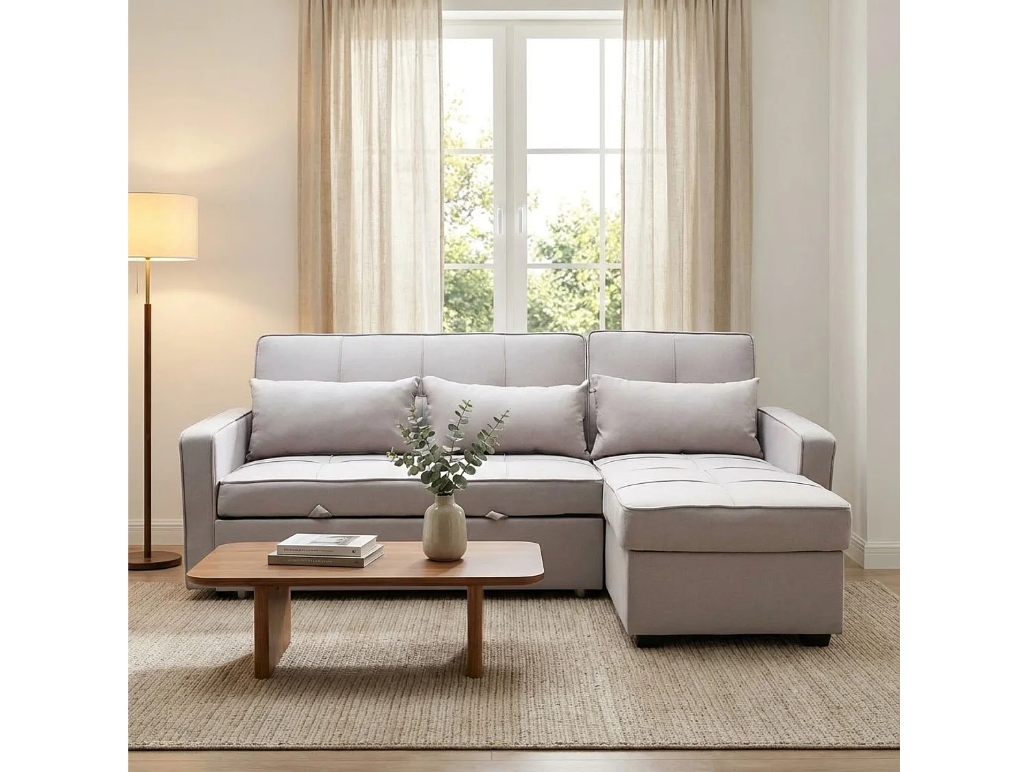 MilaniHome.it - divano letto con penisola per salotto soggiorno in tessuto tortora modernodi coloreTortora