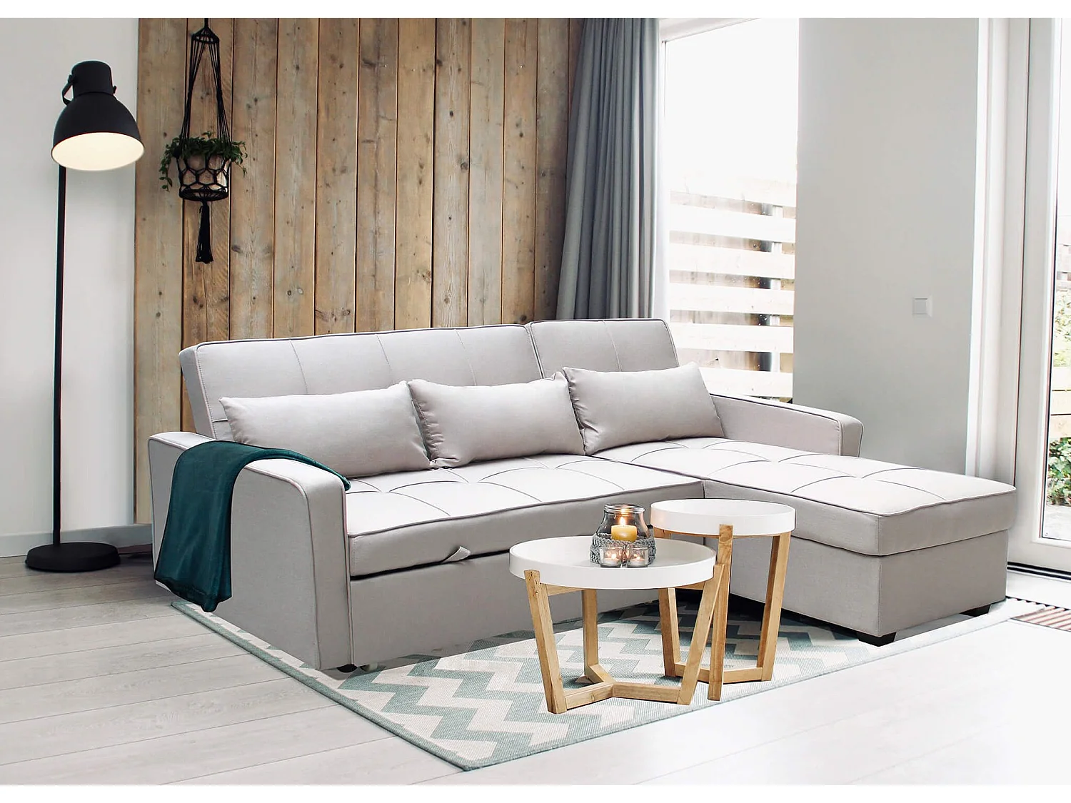 MilaniHome.it - divano letto con penisola per salotto soggiorno in tessuto tortora modernodi coloreTortora