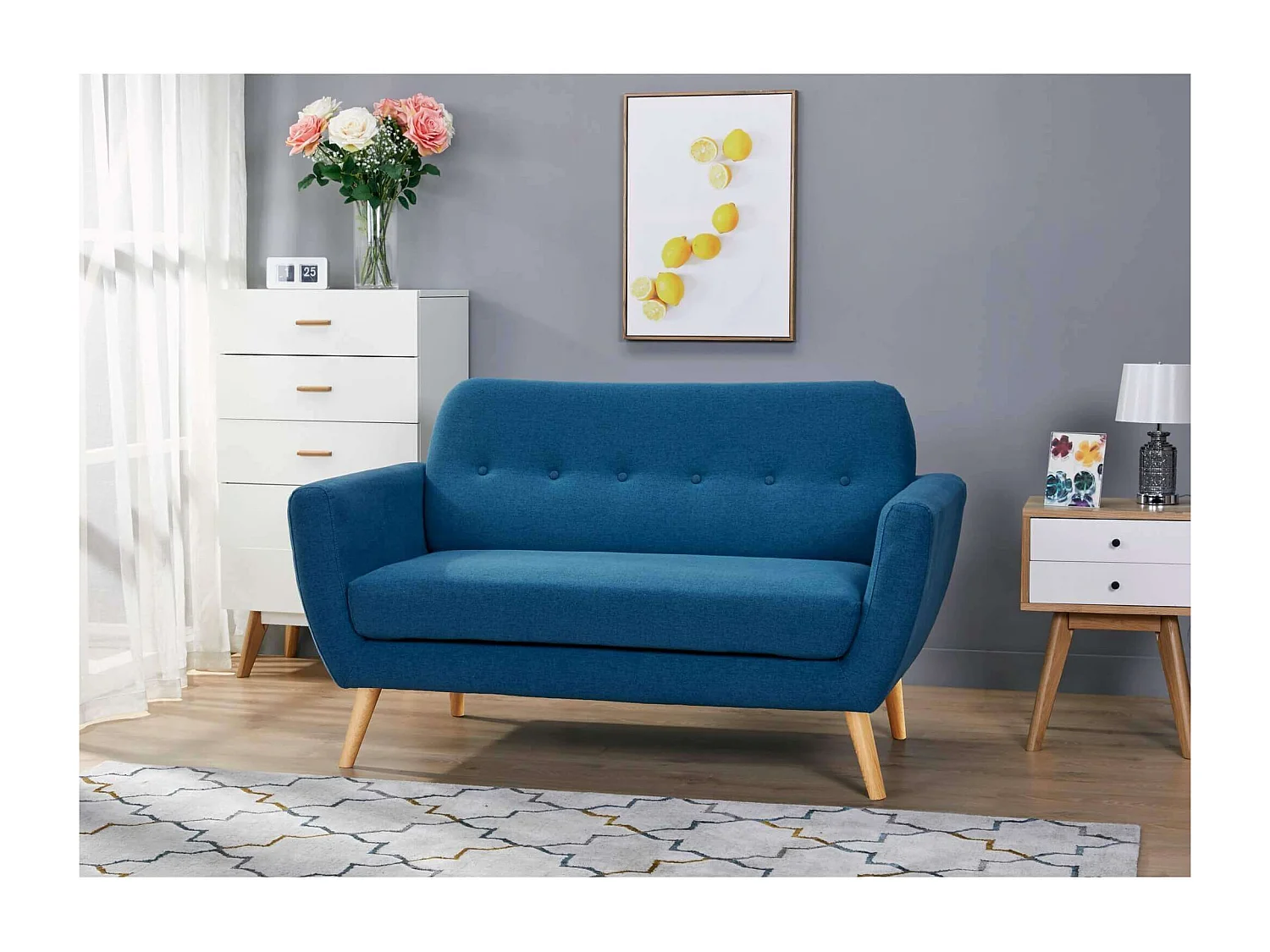 MilaniHome.it - Divano 2 Posti Blu Melange Stile Moderno Di Design Contemporaneo Con Bottoni Per Salotto Casa Hotel, Stile Moderno, , Cm 147x79x86 Hdi coloreBlu