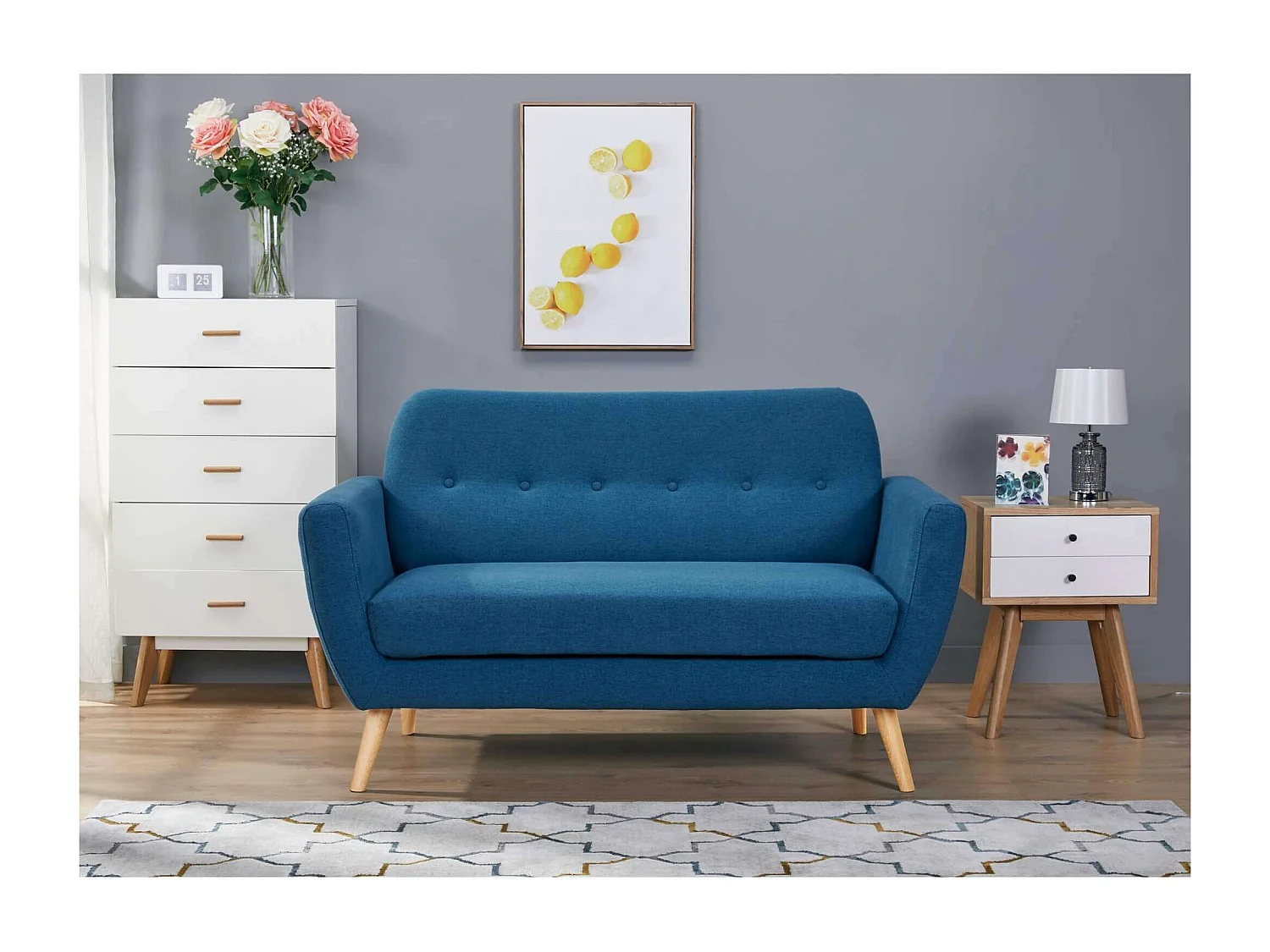 MilaniHome.it - Divano 2 Posti Blu Melange Stile Moderno Di Design Contemporaneo Con Bottoni Per Salotto Casa Hotel, Stile Moderno, , Cm 147x79x86 Hdi coloreBlu