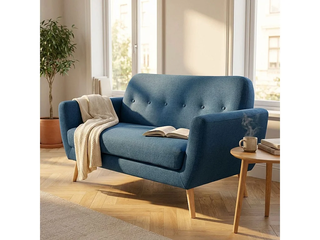 Milani Home - Divano 2 Posti Blu Melange Stile Moderno Di Design Contemporaneo Con Bottoni Per Salotto Casa Hotel, Stile Moderno, , Cm 147x79x86 H - Blu